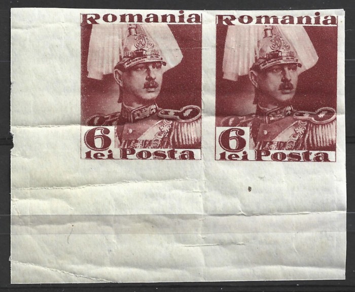 ROMANIA - 1935 CAROL II POSTA - RAR 6 LEI IN PERECHE NEDANTELAT - FARA SARNIERA CU PLIURI INDOITURI