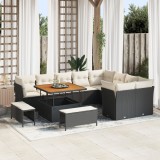Set Canapea Grădină vidaXL 12 piese cu Pernuțe Negru Ratan PE Acacia, Set Dining Grădină vidaXL 3 Piese cu Pernuțe Negru Ratan PE Acacia
