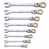 Set 8 chei cu clichet, Cap felxibil, Crom Vanadiu, 8, 10, 11, 12, 13, 14, 15, 17 mm, Husa, 72 dinti