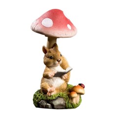 Decoratiune pentru Gradina, Lumini LED cu Incarcare solara, 19.5 x 9.5 x 9.5 cm, Model Ciuperca cu Veverita care Citeste, Maro