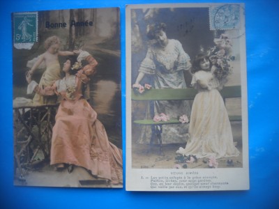 HOPCT 1750 MAMA / COPII-TCV-ROMANTICA-FRANTA-LOT 2 CARTI POSTALE VECHI-CIRCULATE foto