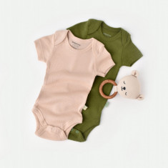 Set 2 body-uri bebe unisex din bumbac organic si modal - Verde/Blush, BabyCosy (Marime: 18-24 Luni)
