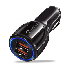 Incarcator Auto Fast Charge, 2 x USB, QC 3.0, 3.1A, Incarcare Rapida, Led Albastru, Negru foto