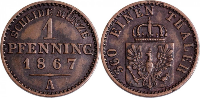 1867 - A - 1 pfenning - Wilhelm I - Regatul Prusiei Monetaria : Berlin