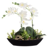 Ghiveci Decorativ, Forma Barca, Orhidee Artificiala, Plastic, Culoare Negru și Alb, 27x9x30 cm, Oem