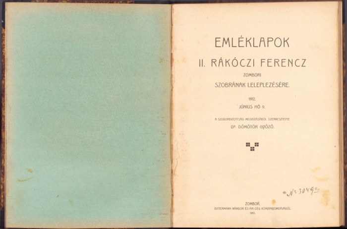 HST C3829 Emleklapok II Rakoczi Ferencz zombori szobranak leleplezesere 1912