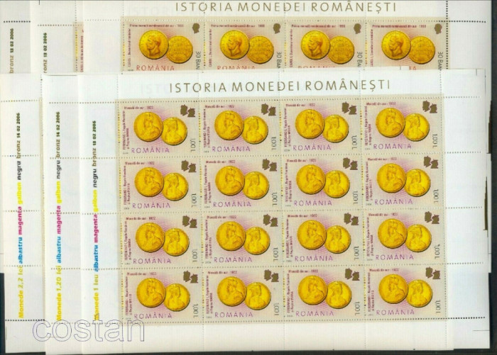 Romania 2006-Lp 1710-Monede romanesti din aur-Set de 6 coli 16(4x4) MNH