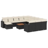 Set mobilier de gradina cu perne, 13 piese, negru, poliratan