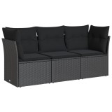 Set mobilier de gradina cu perne, 3 piese, negru, poliratan