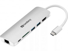 Adaptor multiport USB-C - HDMI, LAN, SD, USB, Sandberg 136-18, 61W foto