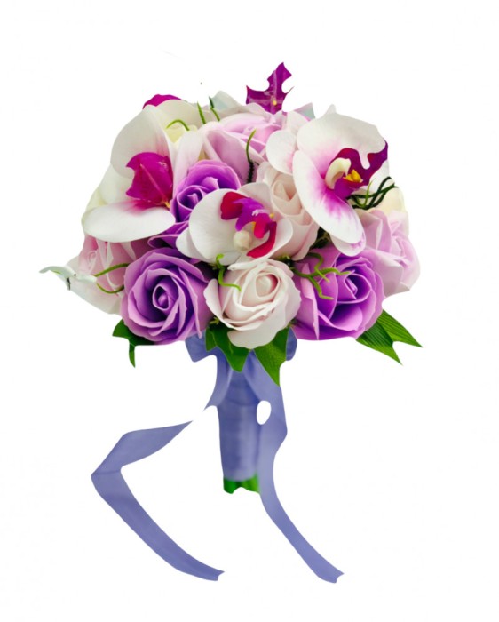 Buchet mediu personalizabil cu trandafiri si orhidee (Alb, Violet)