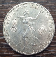 (A272) MONEDA DIN ARGINT AUSTRIA - 5 CORONA 1908, COMEMORATIVA- 60 ANI DE DOMNIE foto