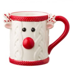 Cană Ceramică Crăciun, Model Ren 3D, Culoare Alb Roșu, Capacitate 0,56L