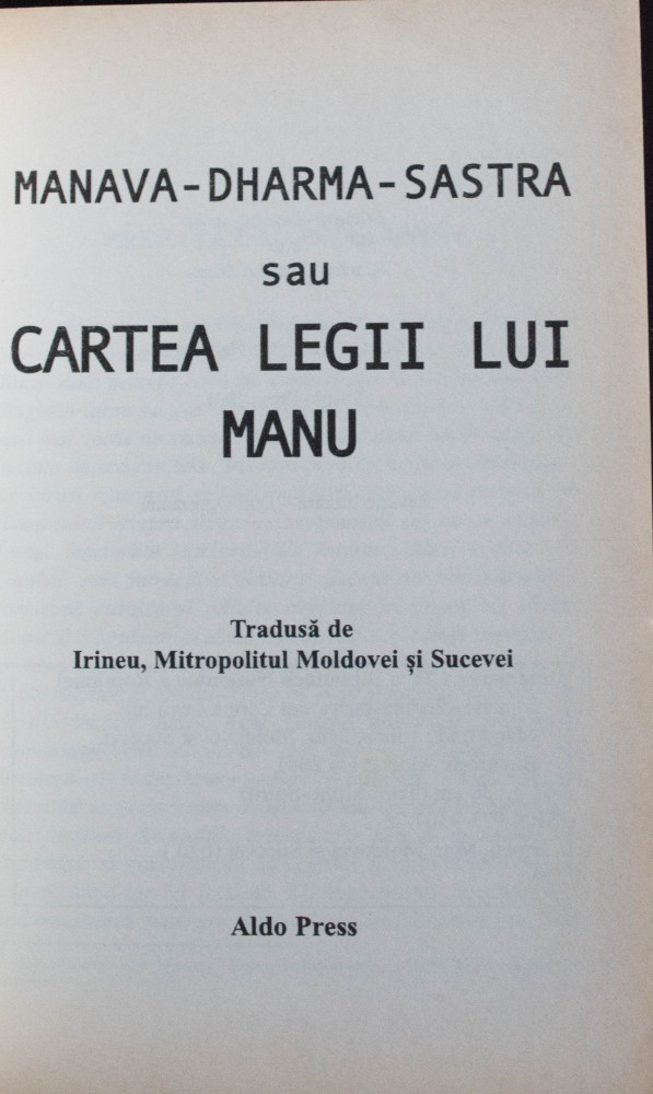 Manava Dharma Sastra - Cartea legii lui Manu (trad. Mitropolitul Irineu) |  Okazii.ro