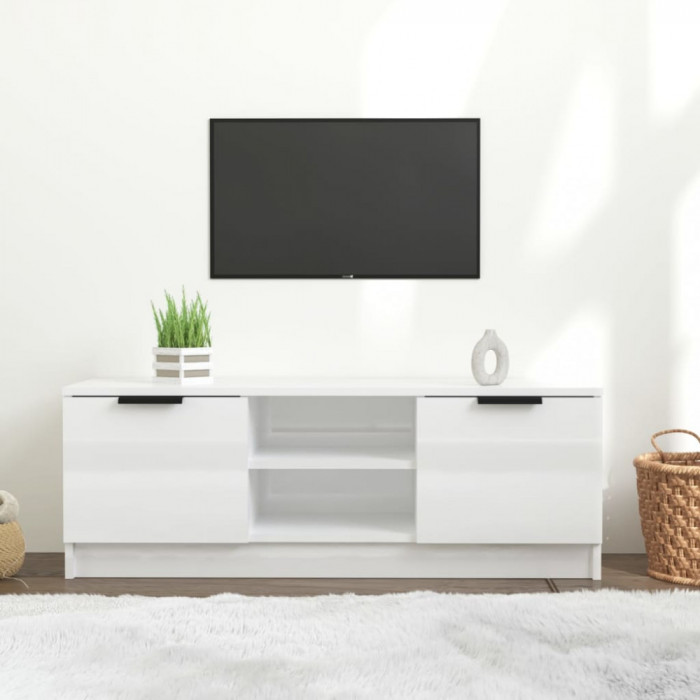 Comoda TV, alb extralucios, 102x35x36,5 cm, lemn prelucrat GartenMobel Dekor
