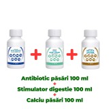 Antibiotic natural păsări Vita Biotic 100 ml + Stimulator digestie Vita Acid lichid 100 ml + Calciu pentru păsări Bio Vita CD Phos 100 ml