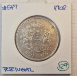 129 Portugal, Portugalia, 500 Reis 1908, KM#547, Argint, Manuel II, Buna, Europa