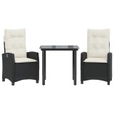 Set mobilier de gradina cu perne, 3 piese, negru, poliratan