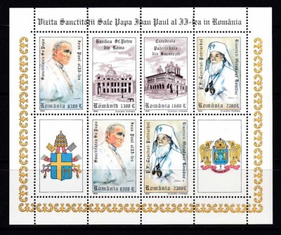 ✅RO 1999 ,LP 1484a ,&amp;quot;Vizita Papa Ioan al II-lea in Romania&amp;quot; , serie in bloc + 2 viniete , MNH foto
