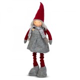 Figurina Decorativa Spiridus Scandinav de Craciun cu Picioare Telescopice, Model Fata cu Inaltime 40-60 cm, Culoare Gri/Rosu, Familly Christmas