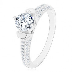 Inel din argint 925, zirconiu rotund transparent în montură decorativă, brațe strălucitoare - Marime inel: 60
