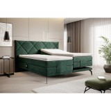 Pat boxspring PAVO 160, stofa catifelata verde inchis - Riviera 38, cu mecanism electric, saltele si topper