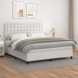 VidaXL Pat box spring cu saltea, alb, 180x200 cm, piele ecologică