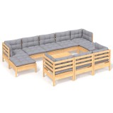 Set mobilier gradina cu perne, 11 piese, gri, lemn masiv pin
