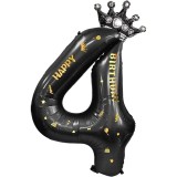 Cumpara ieftin Balon folie cifra 4 cu coroana Happy Birthday 100 cm, negru, umflare aer sau heliu, aniversare decor petrecere