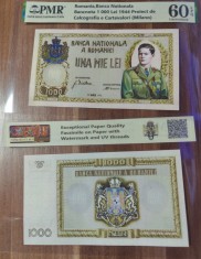 REPRODUCERE pe hartie cu filigran si fire UV proiect bancnota 1.000 Lei 1944