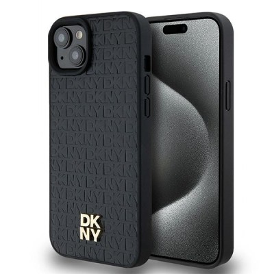 Husa MagSafe pentru Apple iPhone 15 Plus, DKNY, Monogram Pattern Metal Logo, Neagra foto