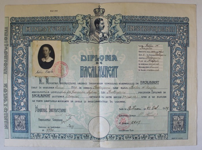 LICEUL &#039; CARMEN SYLVA &#039; DIN BOTOSANI , DIPLOMA DE BACALAUREAT , EMISA LA 23 OCTOMBRIE , 1939