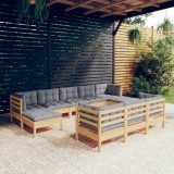 vidaXL Set mobilier grădină cu perne, 10 piese, gri, lemn masiv pin 3097138