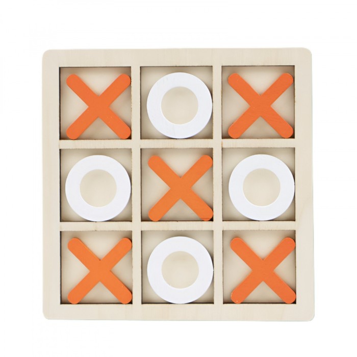 Jucarie montessori tic tac toe, flippy, educativa, interactiva, din lemn, x si o, 9 piese, 14.3x14.3 cm, portocaliu alb