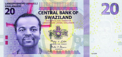 SWAZILAND █ bancnota █ 20 Emalangeni █ 2010 █ P-37a █ UNC necirculata foto