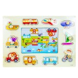 Puzzle din lemn, incastru, cu pioneze, model vehicule, pentru copii, 16 piese, 25.3 x 28.5 x 2 cm