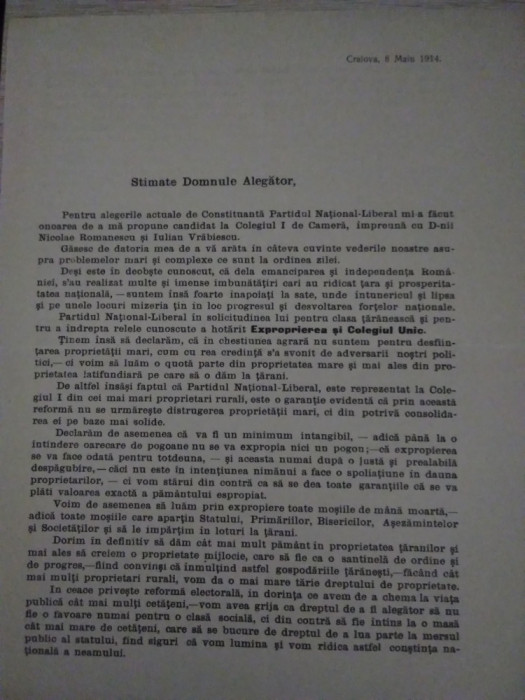 Afiș electoral PROGRAMUL Partidul Național Liberal - Alegerile din 1914