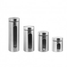 Set 4 recipiente cu fereastra vizualizare , pentru depozitare paste/cereale, Inox, 500/700/800/1200 g