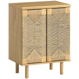 HOMCOM Bufet boem cu 2 uși cu sfoară &icirc;mpletită manual, raft reglabil, deschidere prin apăsare, stejar, 60x40x78 cm | Aosom Romania