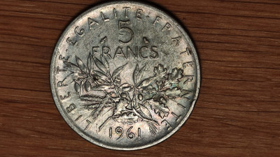 Franta - moneda mare 12 gr. argint .835 - 5 franci / francs 1961 - impecabila ! foto
