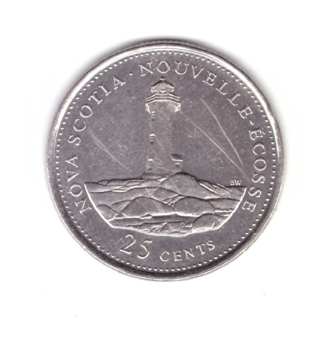 Moneda Canada 25 cents/centi 1992 Nova Scotia, stare buna, curata, zgariata pe revers