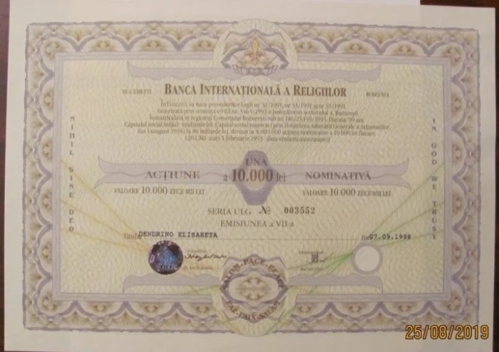 PVM - &quot;Actiune Nominativa 10000 lei Banca Internationala a Religiilor BIR 1998&quot; / RARA