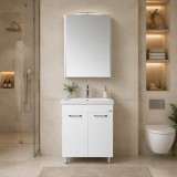 Set mobilier baie GN0541, front MDF, cu lavoar ceramic, 60 cm, 2 usi, 2 rafturi, picioare cromate reglabile, balamale soft close si dulap cu oglinda G