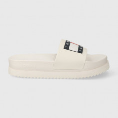 Tommy Jeans papuci TJW ELEVATED FLATFORM SLIDE femei, culoarea bej, cu platforma, EN0EN02451