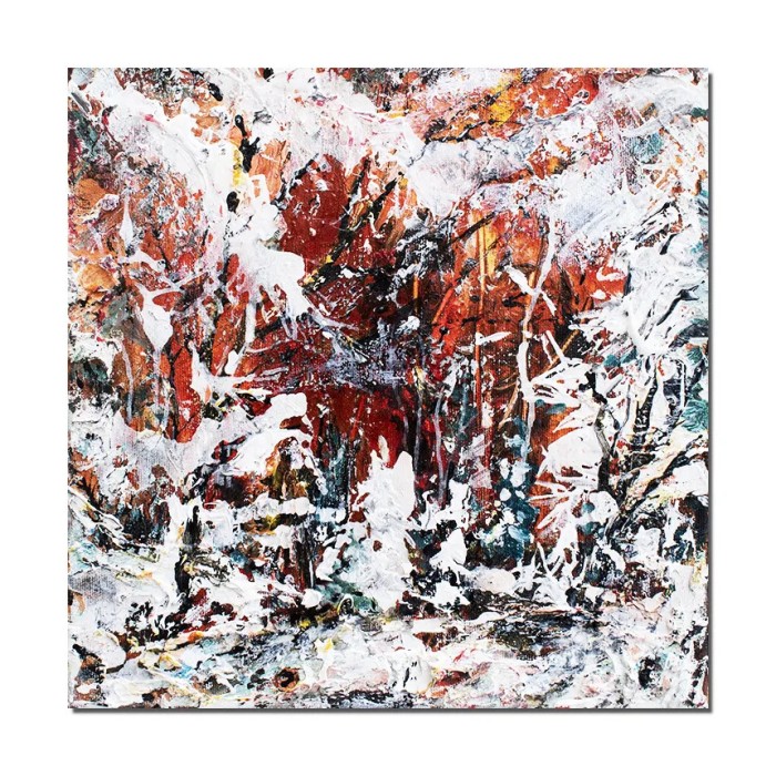 Tablou pictat manual, Peisaj de iarna, stilizat, 30x30cm acril pe panza in cutit efect 3D, Kenny Varniote