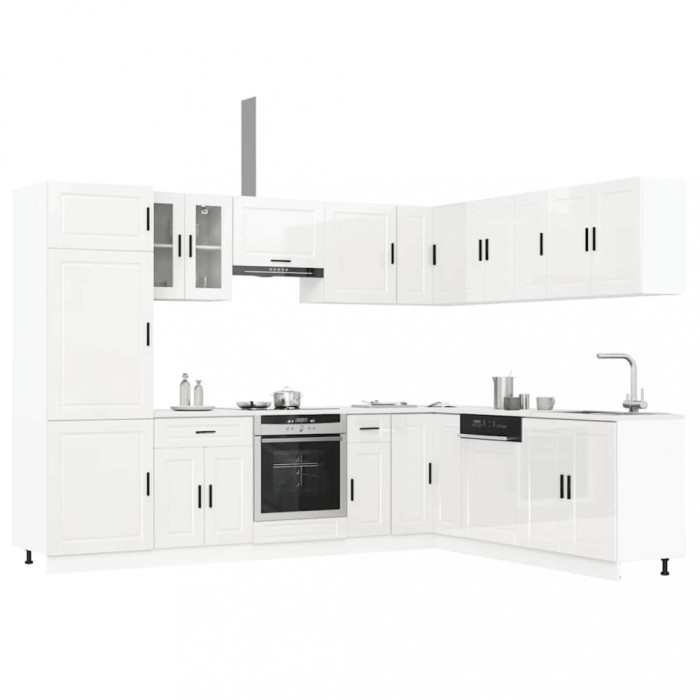 Set dulap de bucătărie 14 piese &bdquo;Porto&rdquo; alb lucios Lemn