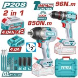 TOTAL - KIT COMBO 20V - MASINA DE GAURIT CU IMPACT, MASINA DE INSURUBAT CU IMPACT 1/2 (INCLUDE 2 ACU PowerTool TopQuality