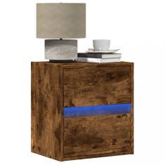 Gossi noptiere montate pe perete cu lumini led, 2 buc.,stejar fumuriu