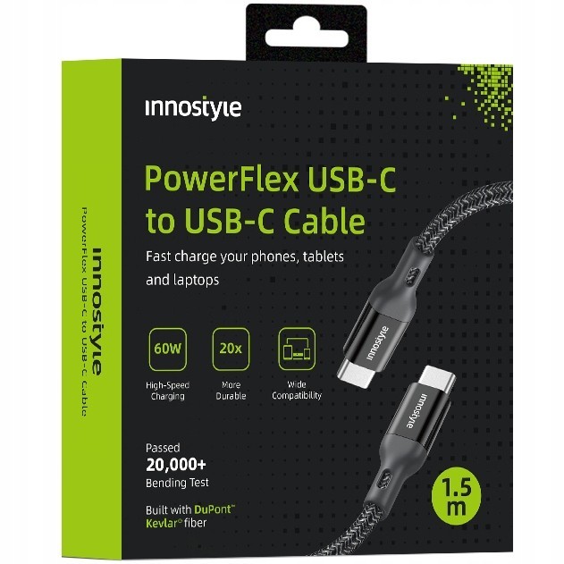 Innostyle Powerflex Usb-C Cablu De &Icirc;ncărcare Rapidă Pentru Iphone Samsung 3A 60W Kevlar 60W 2M Negru