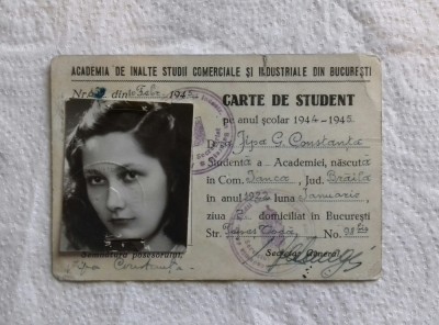Carnet de student - Academia de Studii Bucuresti, 1944-1945 foto